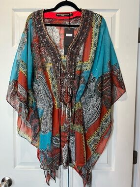 Sheer Kaftan Blouse - Teal & Rust with beading